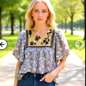 Unsubscribed Floral Embroidered Flowy Boho Blouse $225 Retail Marigold Grey/blue